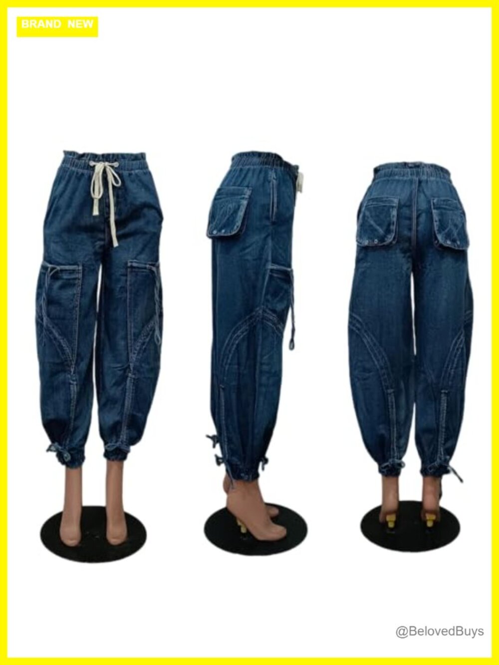 Baggy Cargo Jeans Joggers Drawstring High Waist Loose Wide Leg Denim Pants with - Picture 6 of 7